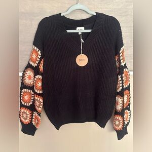 NWT BiBi V-Neck Sweater with Black, Orange, and Cream Granny Squares! SZ Small